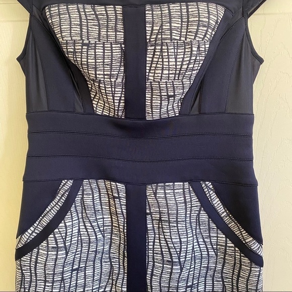 Cache Vintage Snake Print Blue Print Sheer Neck Mesh Panel Cap Sleeve Dress - Picture 4 of 7